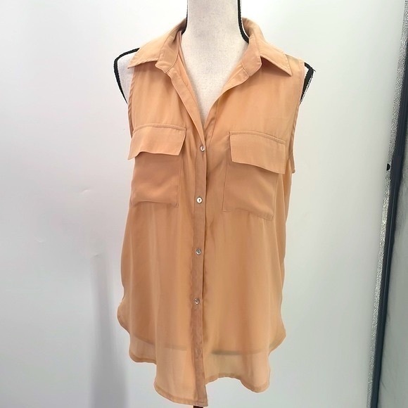 UEC Guess sleeveless button down blouse small peachy nude color sheer in back - Picture 1 of 6